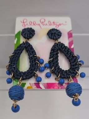 Lilly Pulitzer Navy Raffia Teardrop Beaded Earrings